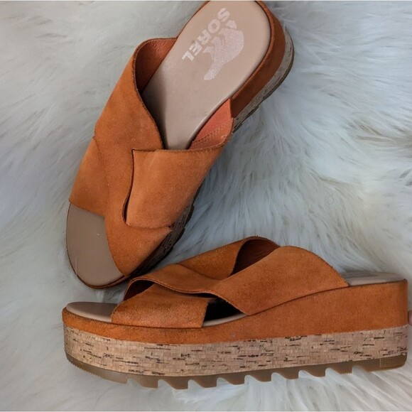Sorel Cameron flatform platform mule sandals orange “desert sun” cork leather 8 - Picture 2 of 9